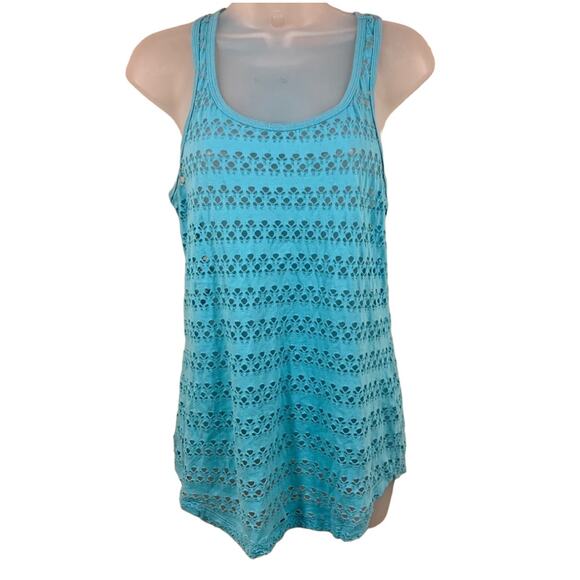 Maurices Y2K 90s Racerback Tank Top Sz M Blue Cutouts Sheer Mesh Open Knit Net - Picture 1 of 6